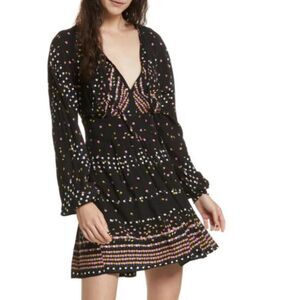 Free People Coryn Boho Long Sleeve Printed Mini Dress Black  Size 6 Festival